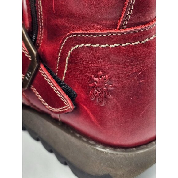 Fly London Women's Red  Leather Seku Wedge Buckled Ankle Boots Sz (5.5) 36 2907 - Picture 8 of 16
